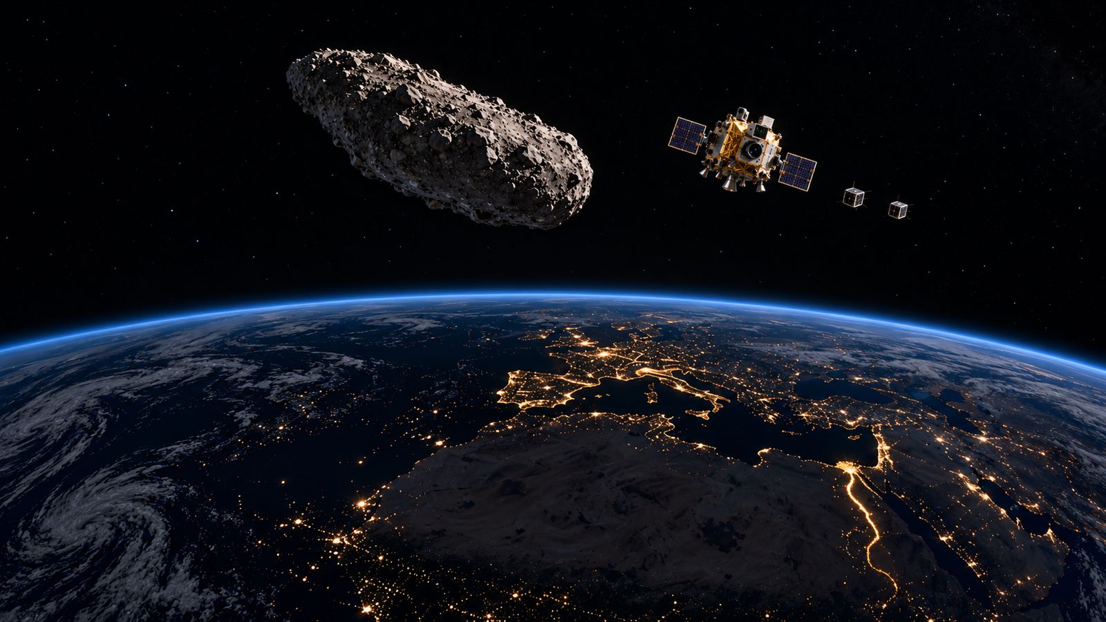 Illustration of a spacecraft and two small satellites flying near an asteroid above Earth