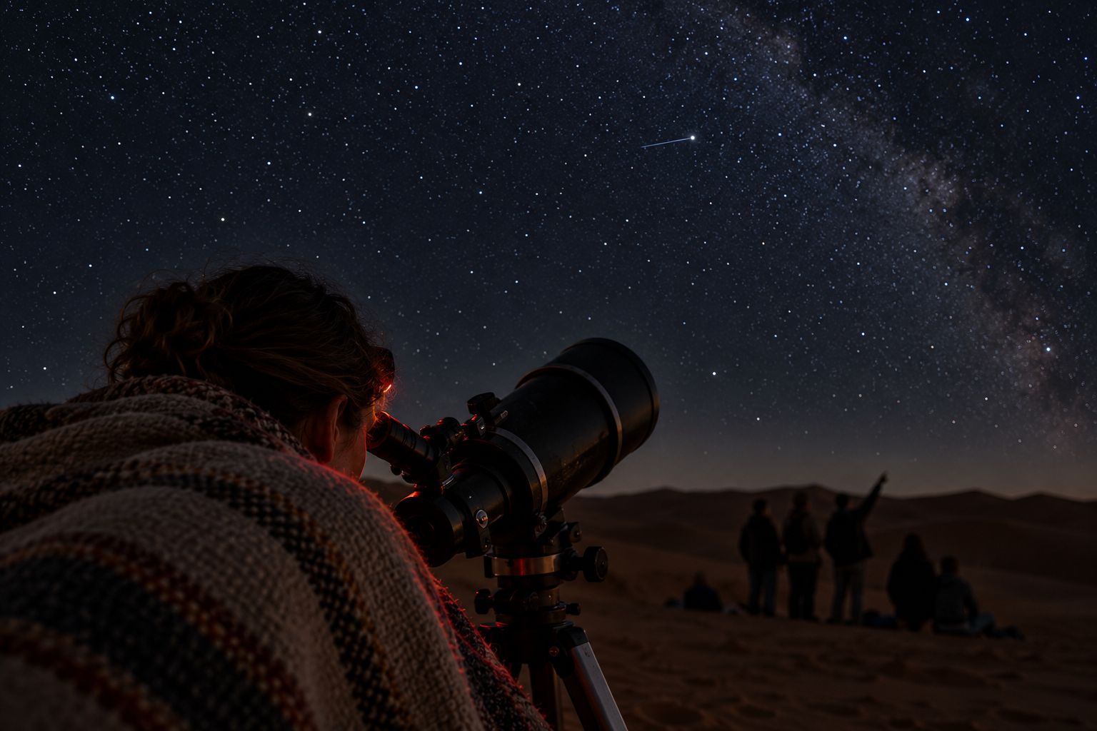A person at a telescope in a blanket under a starry desert sky